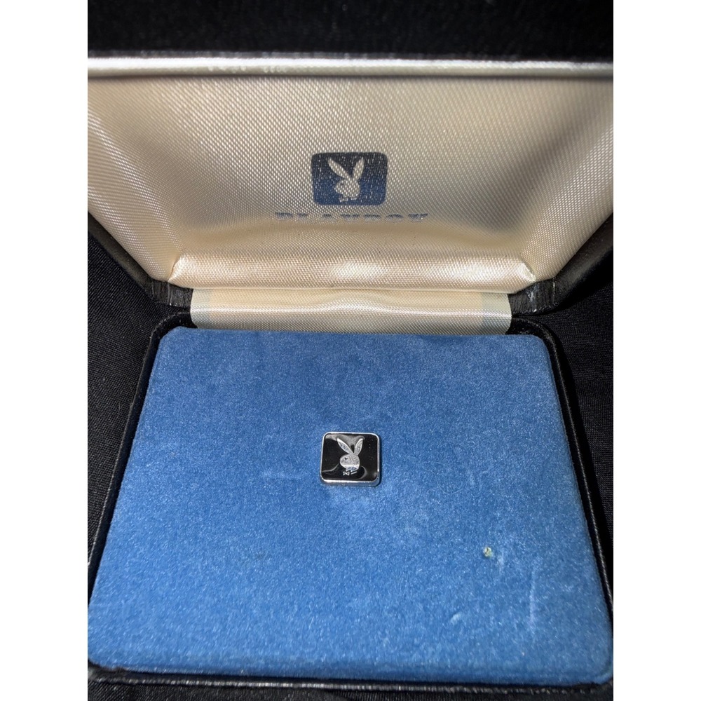 Vintage Playboy Bunny Lapel Pin Black Enamel Silver Tone Logo with Original Box